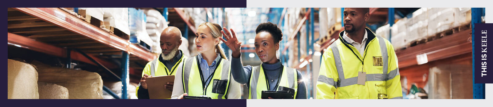 A group of four people having a discussion inside a distribution warehouse.