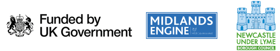 Logos for the UK Government, Midlands Engine and Newcastle-under-Lyme Borough Council